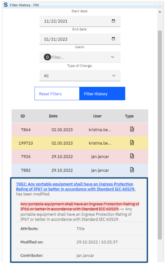 Info about the change is displayed, showing how it was before and how it is now after the change
